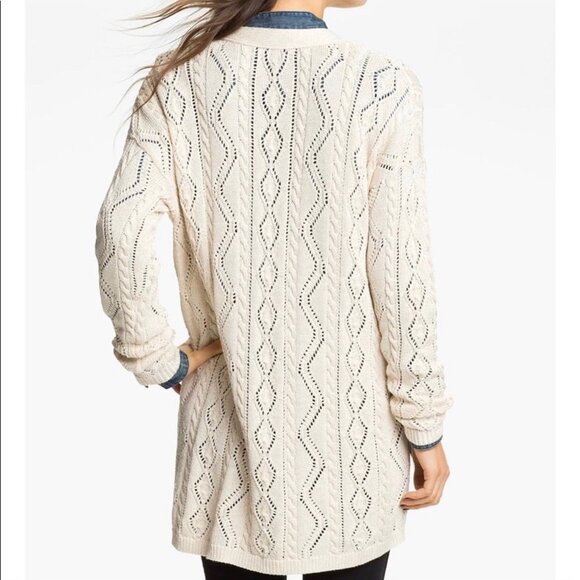 Free People Metallic Cable Knit Cardigan Sweater M Medium Blue Navy Button Front - Picture 4 of 10